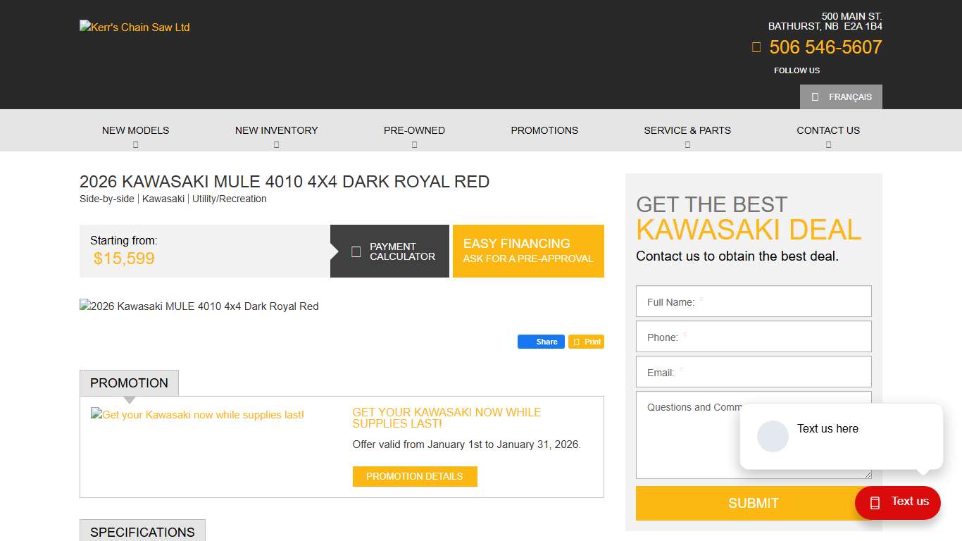 2026 Kawasaki MULE 4010 4x4 Dark Royal Red for sale in Bathurst - Kerr's Chain Saw Ltd